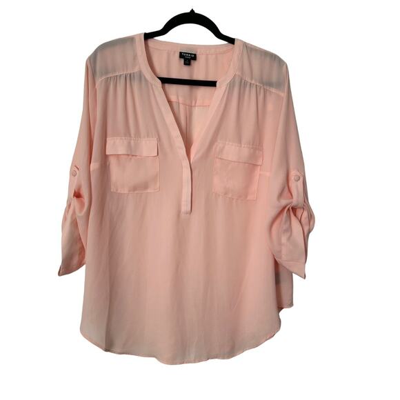 Torrid Top Womens Size 1 Peachy Pink Harper Georgette Pullover 3/4 Sleeve Blouse - Picture 1 of 14